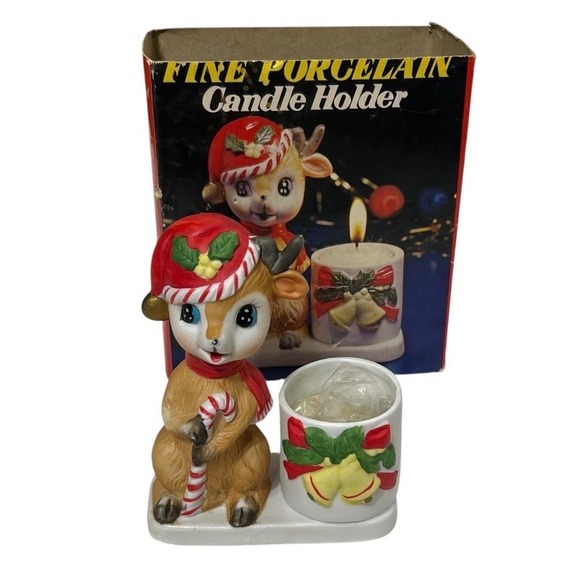 Vintage Fine Porcelain Christmas Deer Candle Holder Walgreens Holiday Decorative - Picture 1 of 13